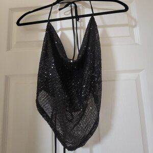 NWT Misty Rose Black Sequin Halter Handkerchief Top Tie Back size Small